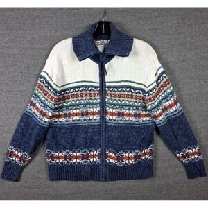 Tiara Womens Sweater L Blue Fair Isle Full Zip Cardigan Cabin Core Granny VTG